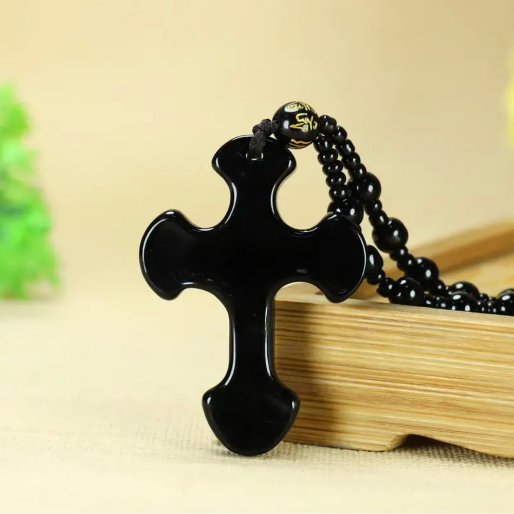 1pc Black Religious Christian Cross Fashion Obsidian Style Pendant Necklace - Picture 14 of 15